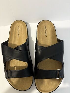 comfortview Black Cross-Strap Slide Sandals